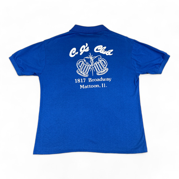 Vintage 80s Polo Shirt Adult MEDIUM Blue Bar Tavern Pocket Work Shirt CJs Club - Picture 1 of 6